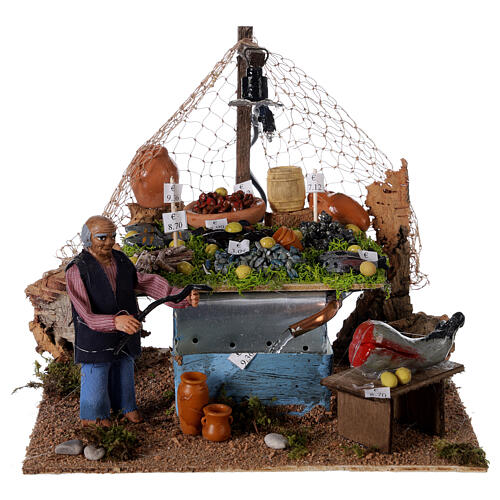 Fishmonger's stall with fountain and light Neapolitan Nativity 10cm 1