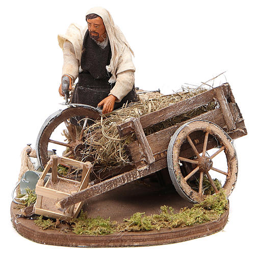 Man fixing wheel with cart, animated Neapolitan Nativity figurine 12cm 1