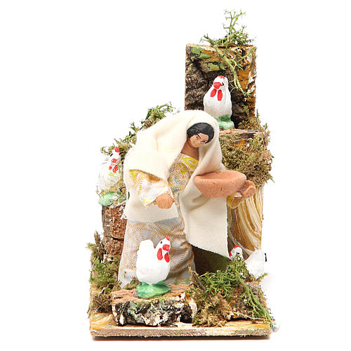 Animated nativity figurine 10cm farmer with hens 1