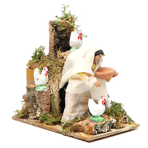 Animated nativity figurine 10cm farmer with hens 3