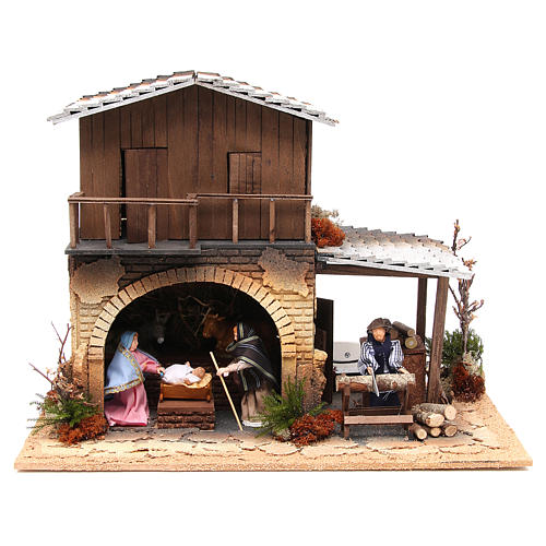 Heilige Familie mit Holzhacker und Hütte 12cm bewegliche Szene 1