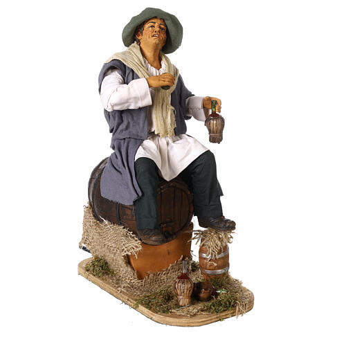 Bewegliche Krippenfigur, Trinker auf dem Fass sitzend, neapolitanischer Stil, für 30 cm Krippe 4