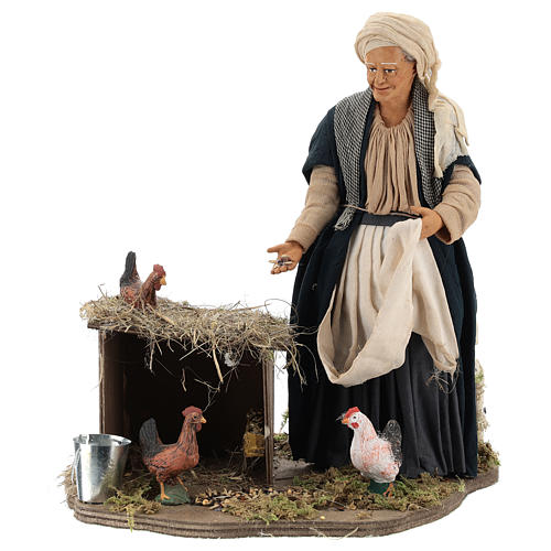 Donna nutre galline movimento 30 cm presepe napoletano 1