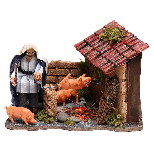 Ruchoma figurka pasterza ze świnią na ruszcie, szopka neapolitańska, 10x15x10 cm 1