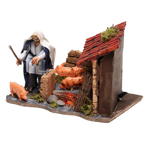 Ruchoma figurka pasterza ze świnią na ruszcie, szopka neapolitańska, 10x15x10 cm 2
