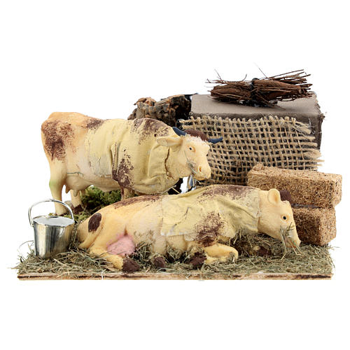 Neapolitan nativity scene moving cows with hay bale 12 cm 5