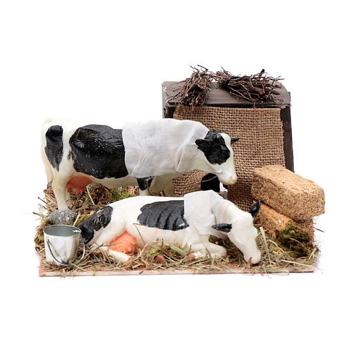 Neapolitan nativity scene moving cows with hay bale 12 cm 1