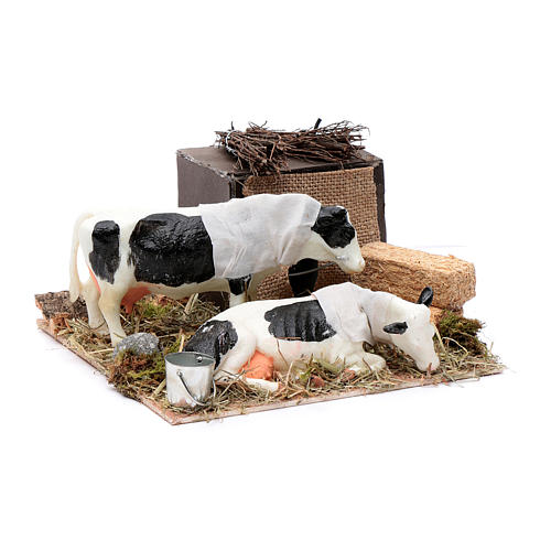 Neapolitan nativity scene moving cows with hay bale 12 cm 3
