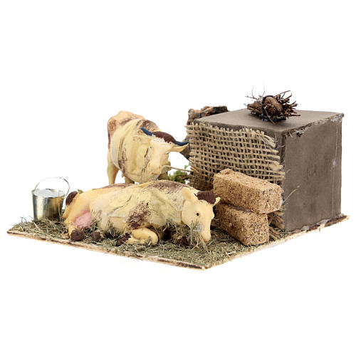 Neapolitan nativity scene moving cows with hay bale 12 cm 6