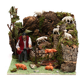 Pasterz i świnia na ruszcie, ruchoma figurka szopki z Neapolu 10 cm