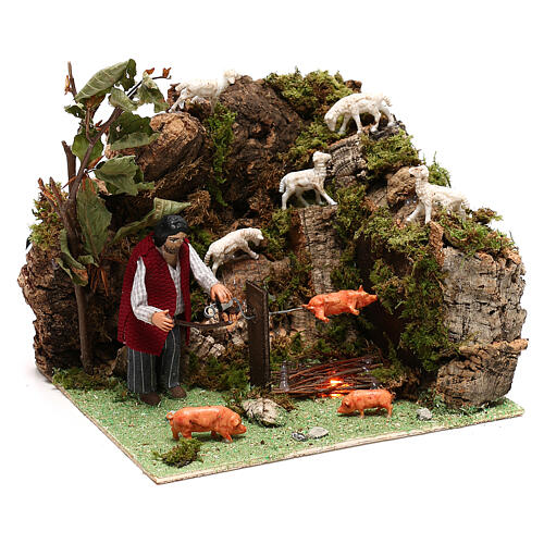 Pasterz i świnia na ruszcie, ruchoma figurka szopki z Neapolu 10 cm 3