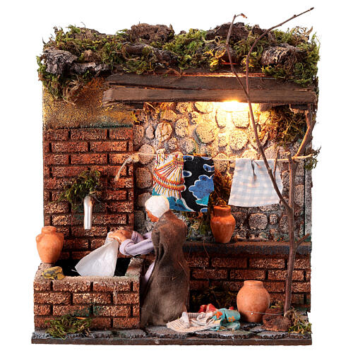 Lavandaia movimento presepe 10 cm Napoli con luce e fontanella 1