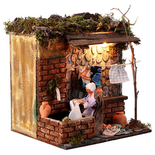 Lavandaia movimento presepe 10 cm Napoli con luce e fontanella 2