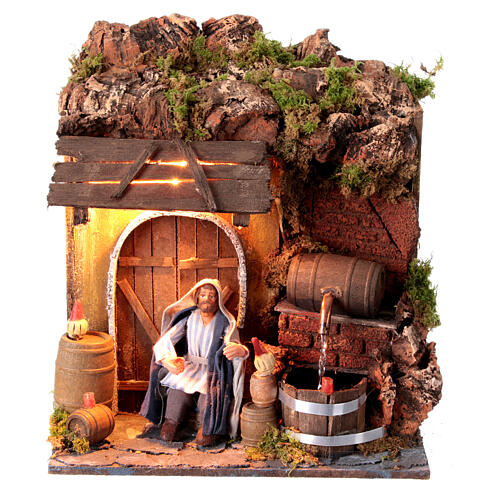 Vinaio con movimento presepe 10 cm Napoli luce e botte 1