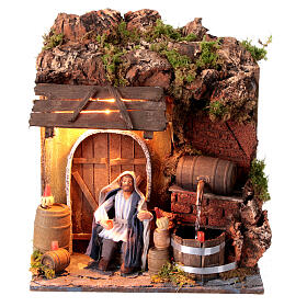 Moving nativity scene wine seller 10 cm with light and barrel