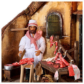 Scena rzeźnik z mięsem, ruchoma figurka, szopka neapolitańska 24 cm, 45x40x40 cm