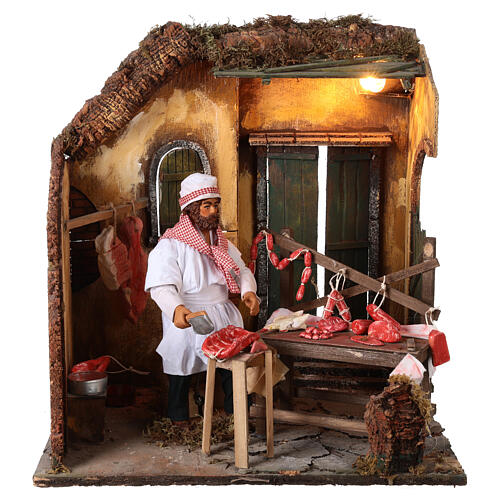 Scena rzeźnik z mięsem, ruchoma figurka, szopka neapolitańska 24 cm, 45x40x40 cm 1