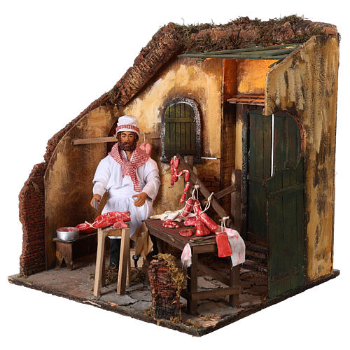Scena rzeźnik z mięsem, ruchoma figurka, szopka neapolitańska 24 cm, 45x40x40 cm 3