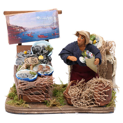 Sprzedawca ryb ze stoiskiem figurka ruchoma, szopka z Neapolu 10 cm 1