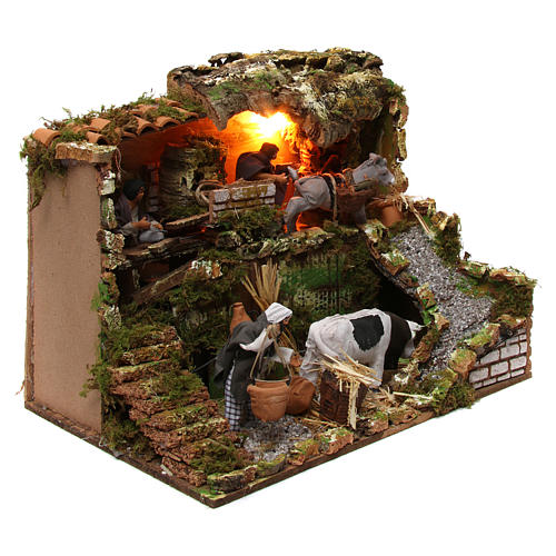 Lighted scene with three farmers, cow and donkey with movement for 12 cm nativity scene 35x45x30 cm 3