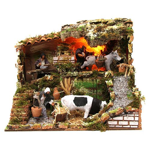 Illuminated Nativity Scene with 3 Farmers 12 cm Cow and Donkey moving 35x45x30 Cm 1