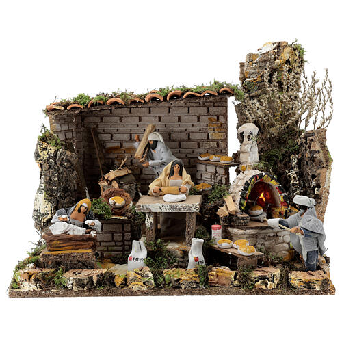 Four characters with lighted oven and movement for 12 cm nativity scene 30x45x30 cm 1