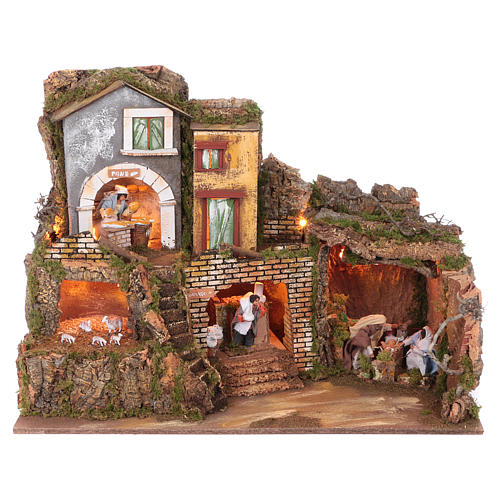 Nativity scene 12 cm with lights, Holy Family, shepherds and goats, movements 55x80x40 cm 1