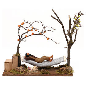 Bewegliche Krippenfigur, Schlafender in Hängematte, neapolitanischer Stil, für 12 cm Krippe