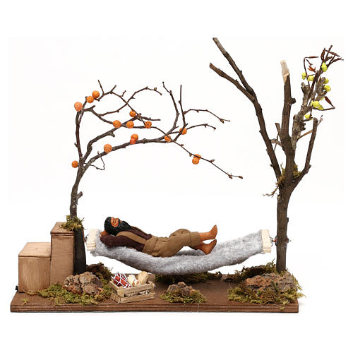 Bewegliche Krippenfigur, Schlafender in Hängematte, neapolitanischer Stil, für 12 cm Krippe 1