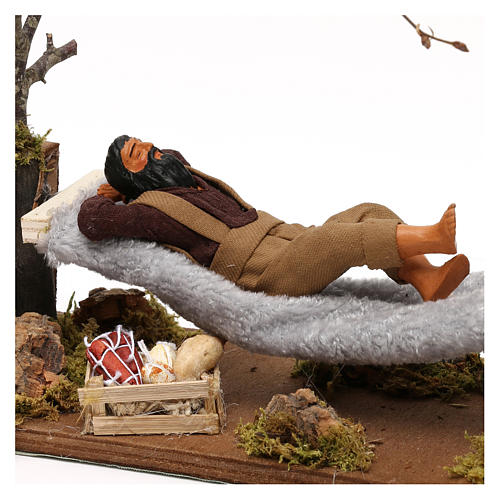 Homem adormecido numa cama de rede movimento presépio napolitano com figuras de 12 cm altura média 2
