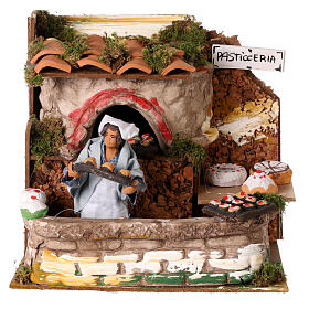 Animated bakery shop setting with oven lights, 12 cm nativity