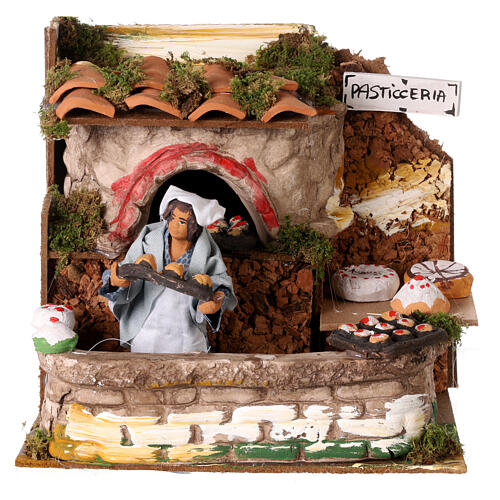 Animated bakery shop setting with oven lights, 12 cm nativity 1
