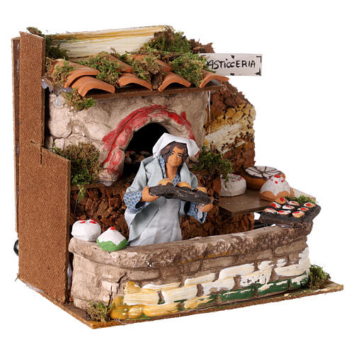 Animated bakery shop setting with oven lights, 12 cm nativity 3