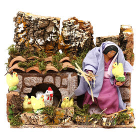 Animated farmer woman with hens and chicks with, 12 cm nativity scene