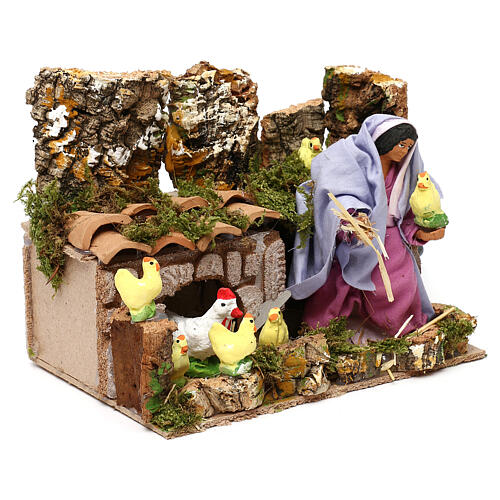 Animated farmer woman with hens and chicks with, 12 cm nativity scene 3