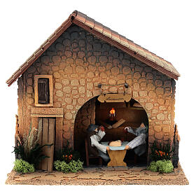 Inn with fire and animated figurines, 8 cm nativity
