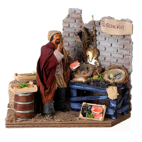 Animated Fishmonger with stand 15x15x10 cm, for 12 cm Neapolitan nativity 1