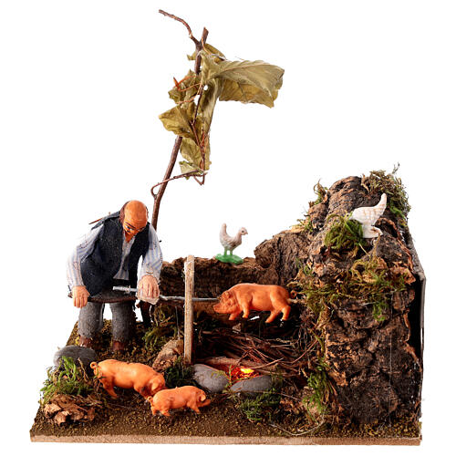Uomo cucina maiali arrosto movimento presepe Napoli 8 cm 1