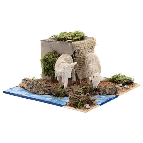 Sheep drinking from stream animated Neapolitan nativity 6 cm 3