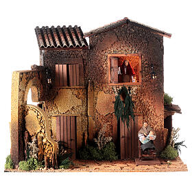 Nativity scene setting, house with 2 moving women 40x45x35 cm