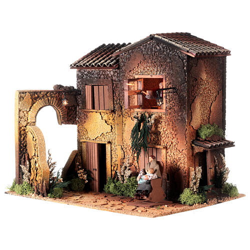Nativity scene setting, house with 2 moving women 40x45x35 cm 3
