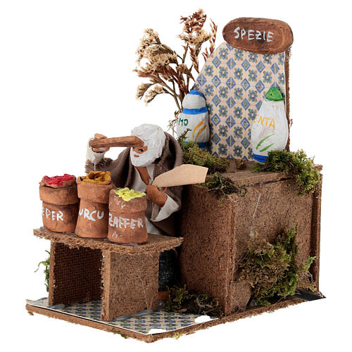 Vendedor de especiarias movimento para presépio com figuras altura média 10 cm; 16x9x14 cm 2