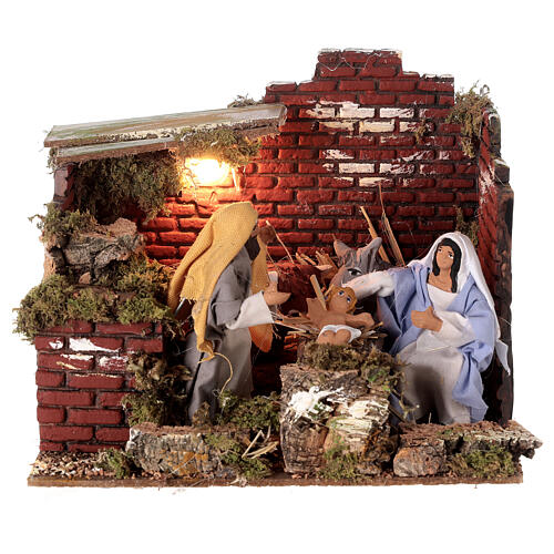 Animated Nativity with ox and donkey, illuminated, for Nativity Scene of 10-12 cm, 20x25x20 cm 1