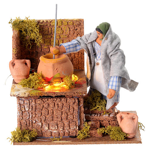 Kobieta przygotowująca polentę w ruchu, z oświetleniem LED, 10x15x10 cm, do szopek 12 cm 5