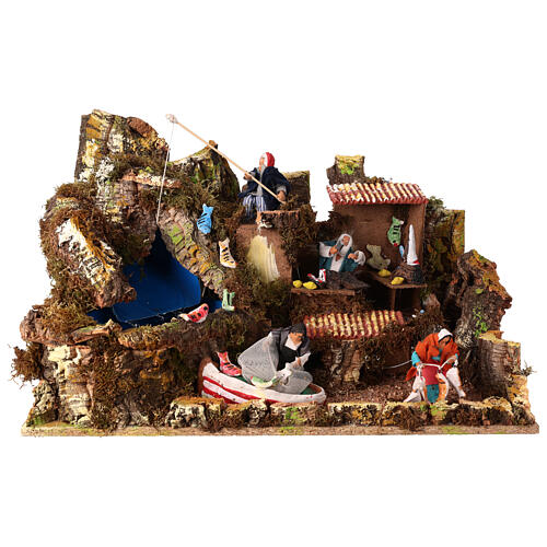 Fishing village with animated figurines and waterfall for 10 cm Nativity Scene 1