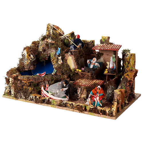 Fishing village with animated figurines and waterfall for 10 cm Nativity Scene 4