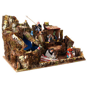 Wioska rybacka z ruchomą kaskadą, do szopki 10 cm
