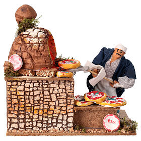 Pizzabäcker in Bewegung mit beleuchtetem Ofen, für 15 cm Krippe, 20x20x12 cm, Terrakotta