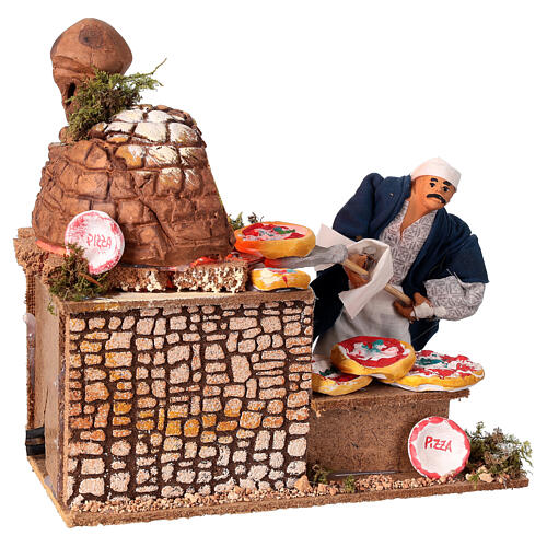 Pizza chef animated lighted oven 20x20x12 nativity scene 15 cm terracotta 3