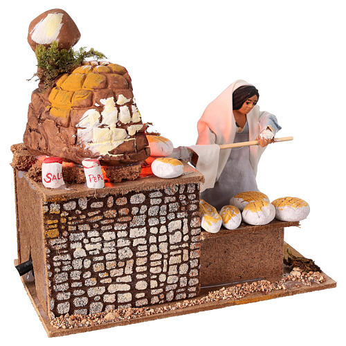 Bäckerin in Bewegung mit beleuchtetem Ofen, für 15 cm Krippe, 18x12x20 cm 3